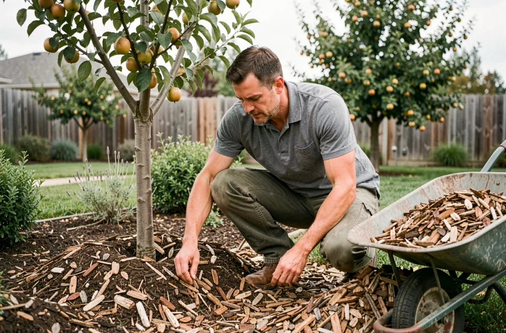 Homme étalant du paillis de copeaux de bois autour d'arbres fruitiers pour prévenir les mauvaises herbes