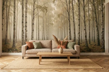 Salon moderne avec papier peint panoramique forêt de bouleaux et canapé en lin beige sur parquet chêne en chevron