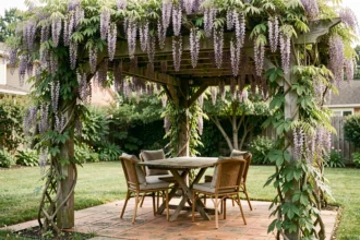 Pergola en bois recouverte de plantes grimpantes créant un coin ombragé dans un jardin d'été