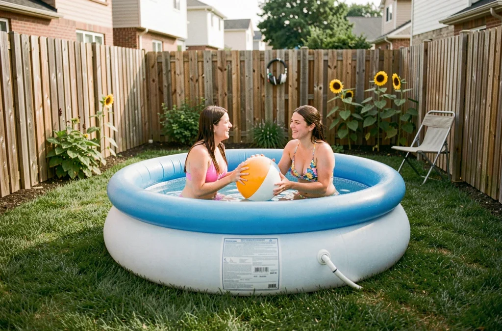 Deux jeunes adultes jouant dans une piscine gonflable ronde installée dans un petit jardin suburban avec gazon et clôture en bois