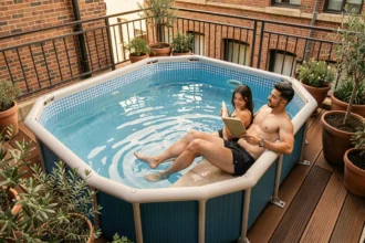 Couple se relaxant au bord d'une piscine hors-sol compacte installée sur une petite terrasse urbaine avec plantes et dalles en bois