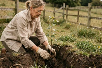 Femme plantant une jeune aubépine dans un jardin champêtre pour créer une haie naturelle favorable aux oiseaux