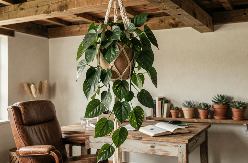 Plante tombante dans un pot suspendu en macramé au-dessus d'un bureau bohème décoré de plantes vertes