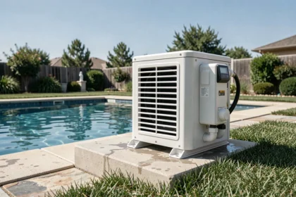 Pompe à chaleur pour piscine installée sur dalle béton dans un jardin résidentiel avec piscine bleue en arrière-plan