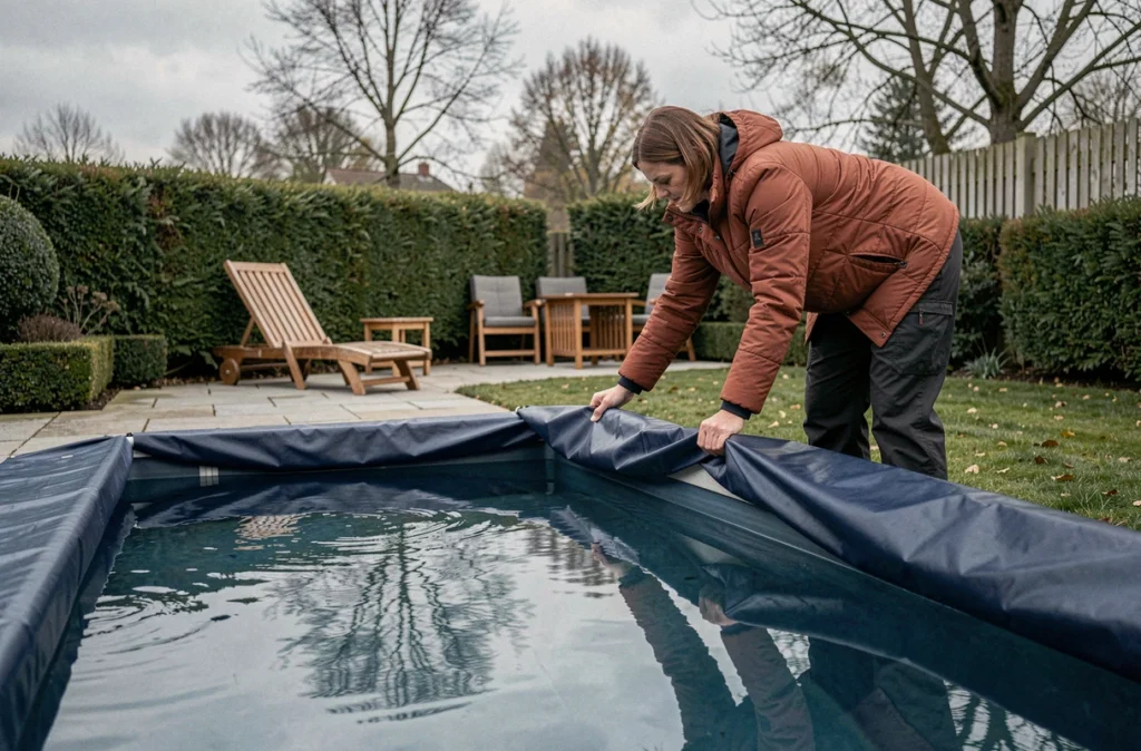 Femme installant une bâche hivernale sur une piscine rectangulaire dans un jardin en automne