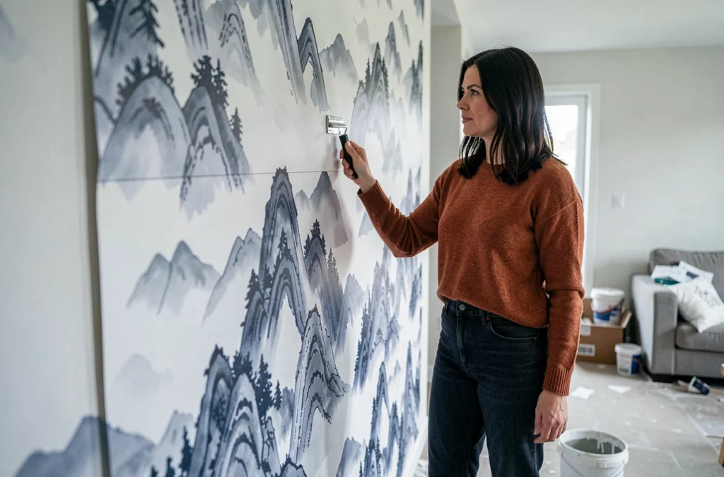 Femme posant un papier peint panoramique japonais montagnes encre indigo dans un salon en cours de rénovation