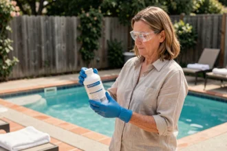 Femme portant des gants et lunettes de protection lisant l'étiquette d'un produit d'entretien de piscine au bord d'une piscine extérieure