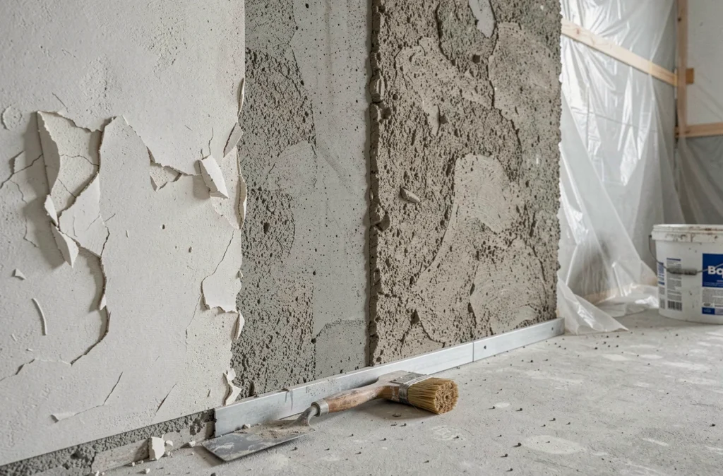 Détail de la préparation d'un support mural intérieur avant application de crépi rustique, montrant les différentes étapes de traitement