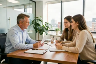 Propriétaire et locataires signant un contrat de location dans une agence immobilière
