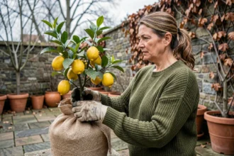 Femme enveloppant un citronnier en pot avec un voile de protection contre le gel dans un jardin en pierre à l'automne