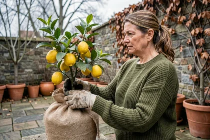 Femme enveloppant un citronnier en pot avec un voile de protection contre le gel dans un jardin en pierre à l'automne