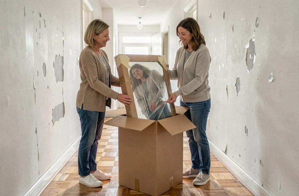 Deux femmes protégeant un miroir avec des coins en carton avant le transport