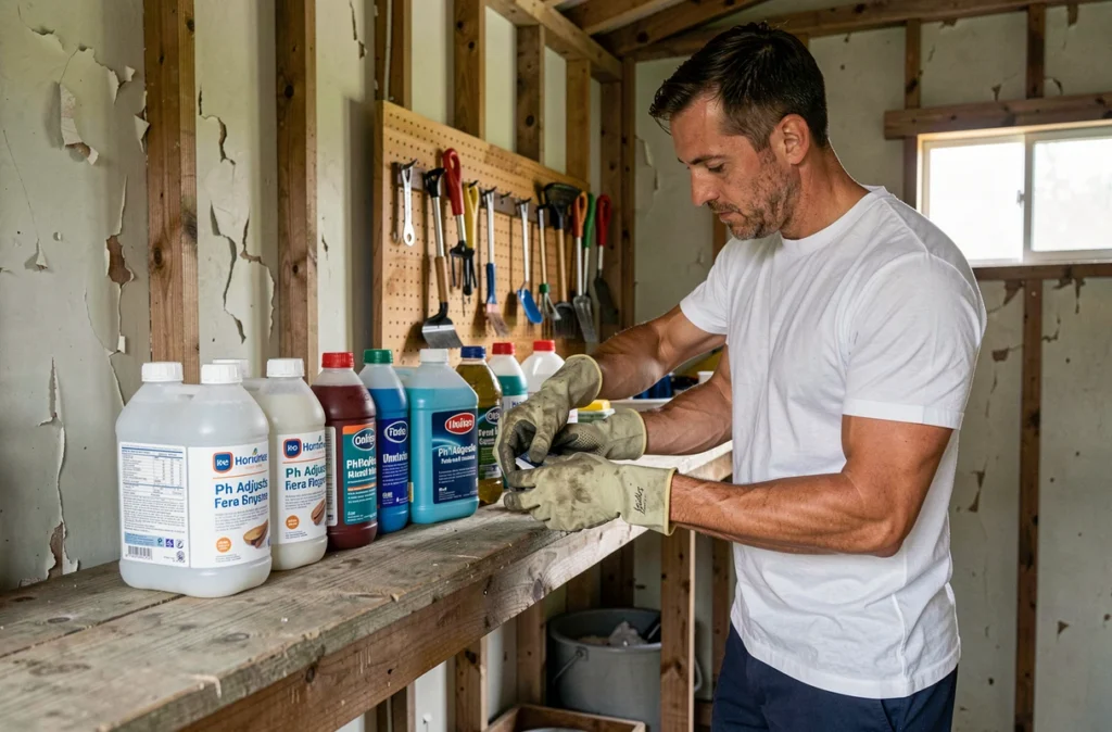 Homme avec gants de protection rangeant des produits chimiques de piscine dans un abri de jardin de manière organisée et sécurisée