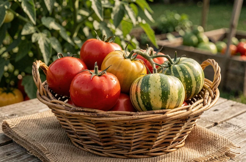 Panier de tomates fraîchement récoltées de variétés différentes posé sur une table de jardin en bois