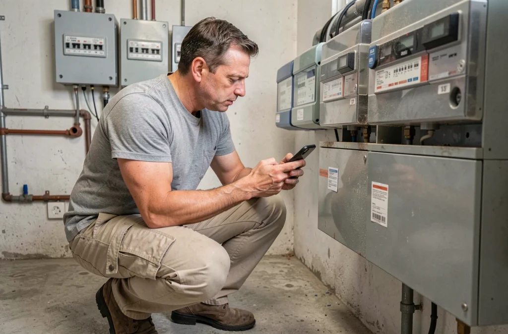 Homme relevant les compteurs d'électricité et d'eau dans une chaufferie avant un changement d'adresse
