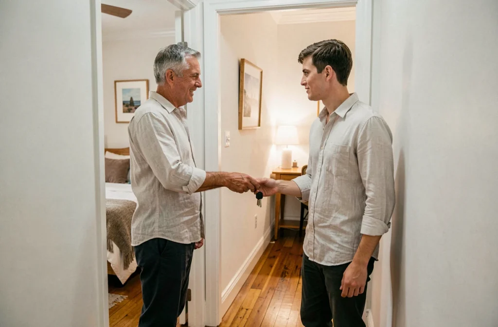 Propriétaire remettant les clés d'un appartement meublé à un locataire dans le couloir d'un immeuble résidentiel
