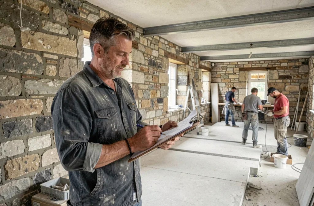 Chef de chantier maçon supervisant une rénovation globale complète où la maçonnerie constitue le lot principal