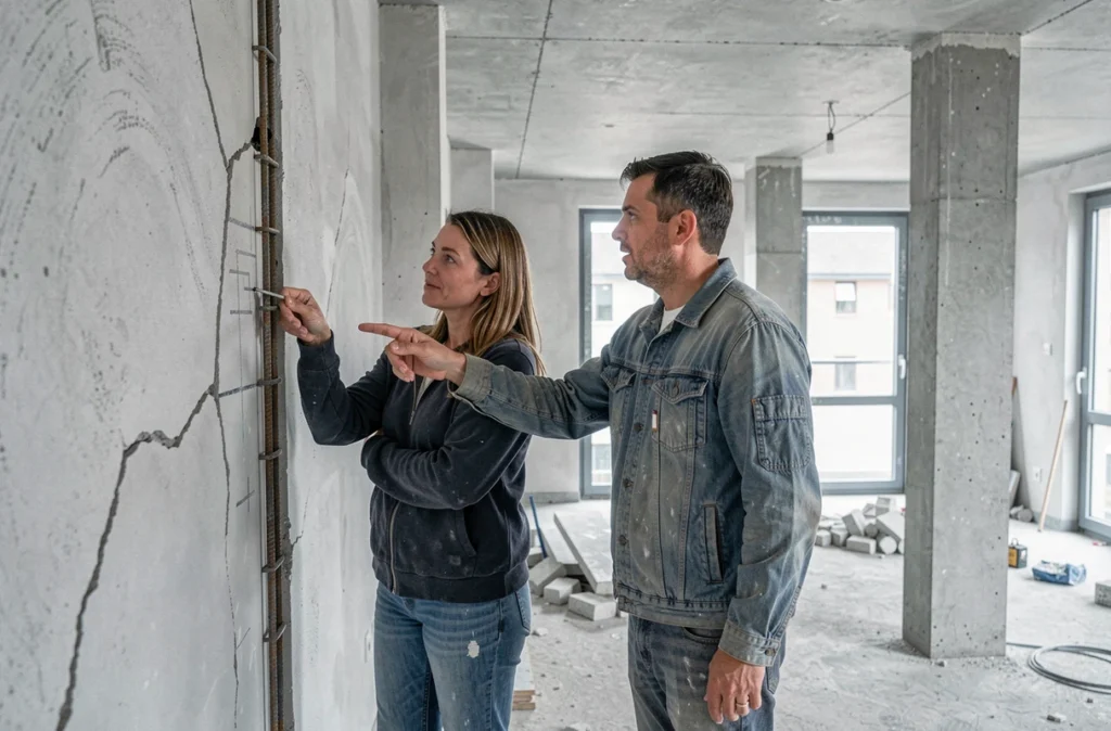 Ingénieure et maçon inspectant une paroi porteuse lors d'une rénovation structurelle dans l'agglomération nantaise