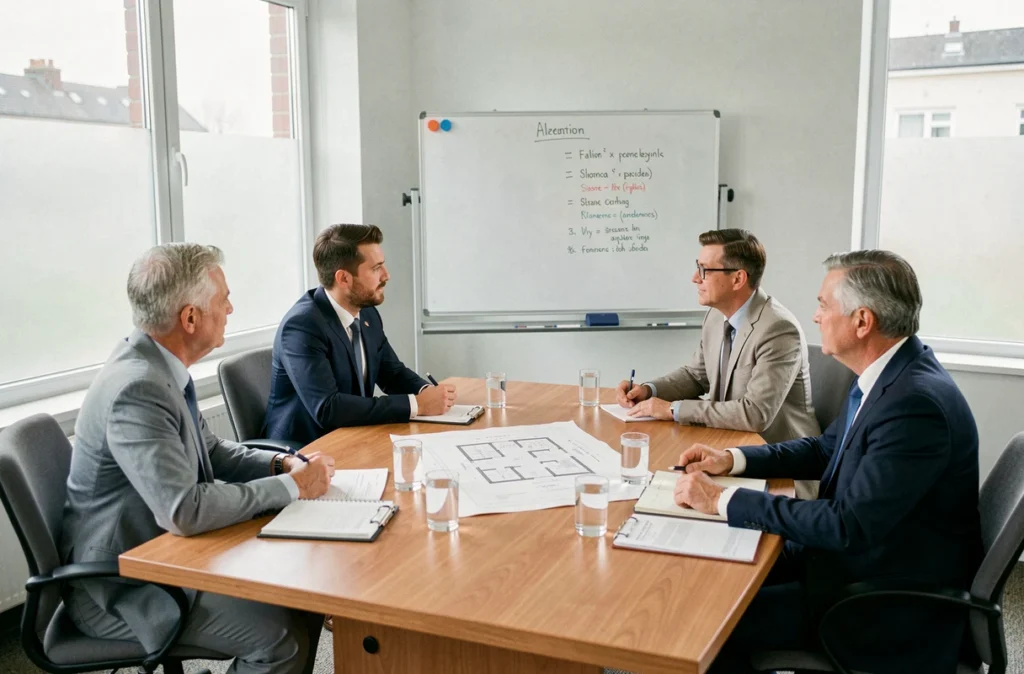 Assemblée générale de copropriétaires en réunion avec le syndic autour d'un plan d'entretien d'immeuble