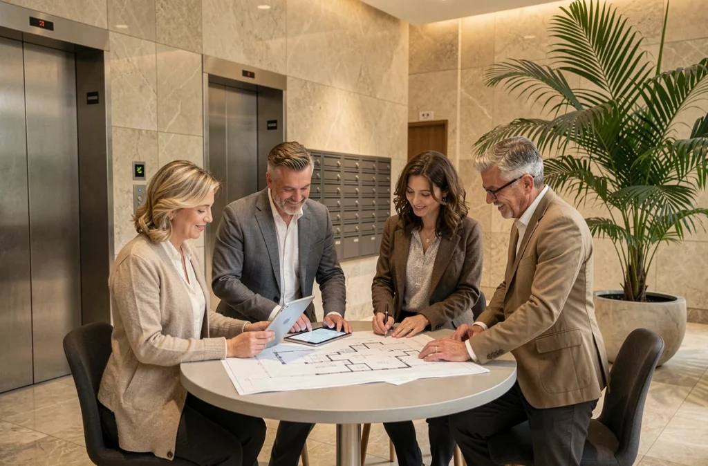 Réunion de copropriétaires dans le hall d'un immeuble résidentiel moderne autour d'un plan architectural