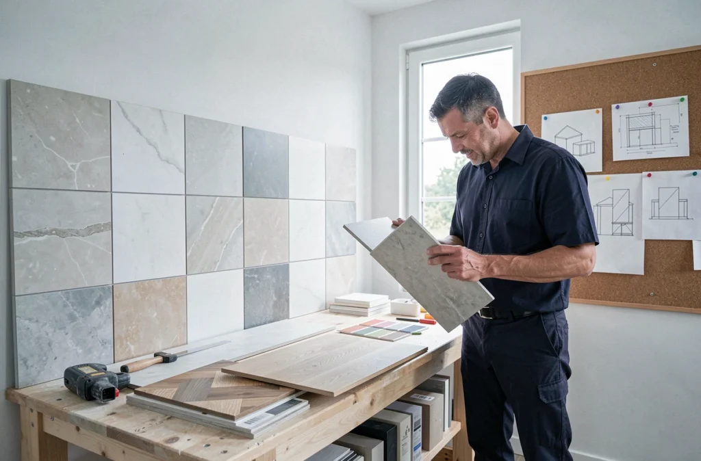 Espace de travail de RM Rénovations De Sousa Miranda Ricardo avec échantillons de carrelage et plans de rénovation en Moselle