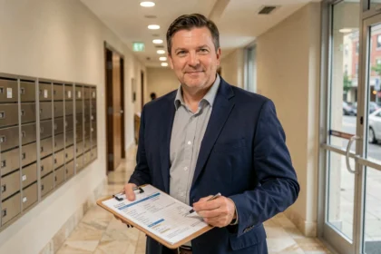 Syndic de copropriété tenant un carnet d'entretien dans le hall d'un immeuble résidentiel