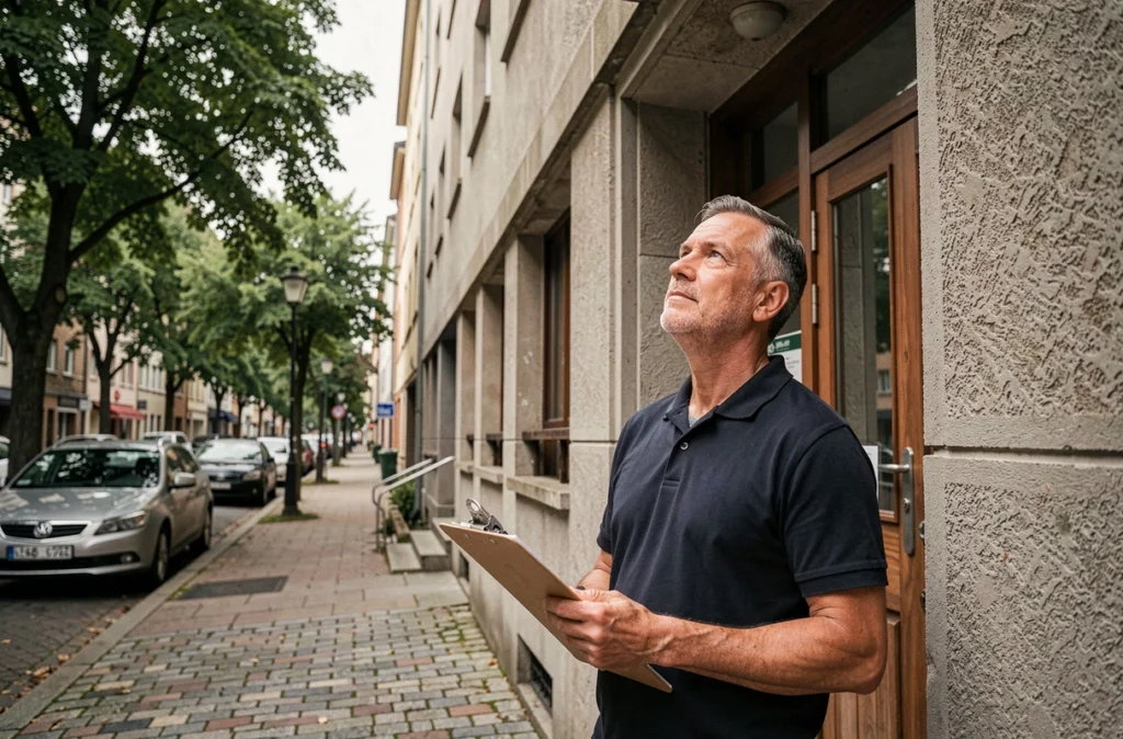 Syndic inspectant la façade extérieure d'un immeuble en copropriété dans une rue urbaine