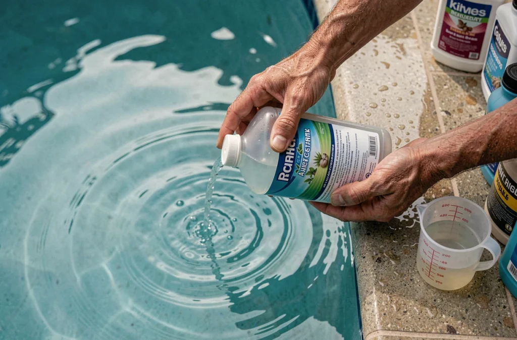 Ajout d'un traitement anti-algues liquide dans une piscine pour maintenir une eau claire