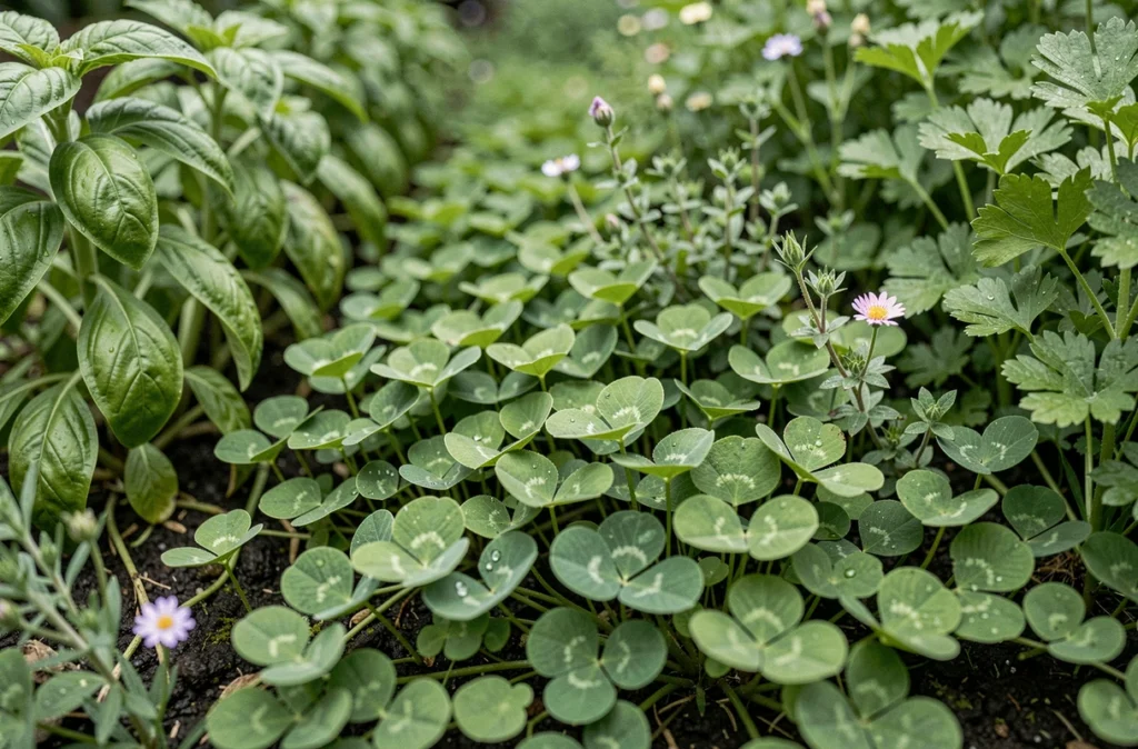 Trèfle vert utilisé comme couvre-sol vivant pour étouffer naturellement les mauvaises herbes dans un potager