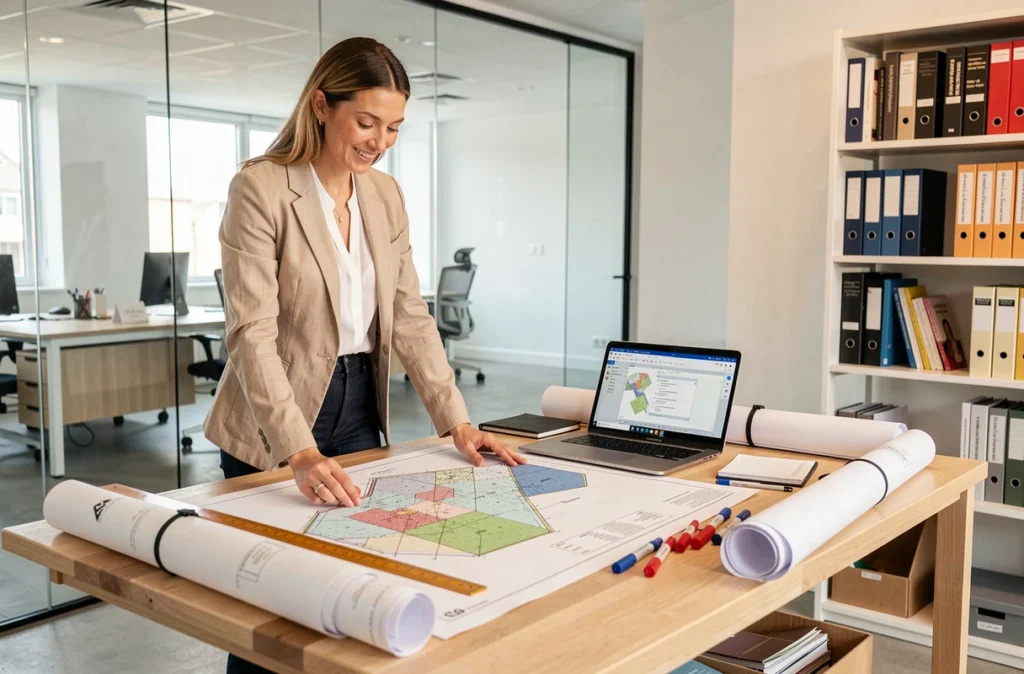 Urbaniste analysant un plan cadastral de division de terrain dans un bureau d'architecture moderne