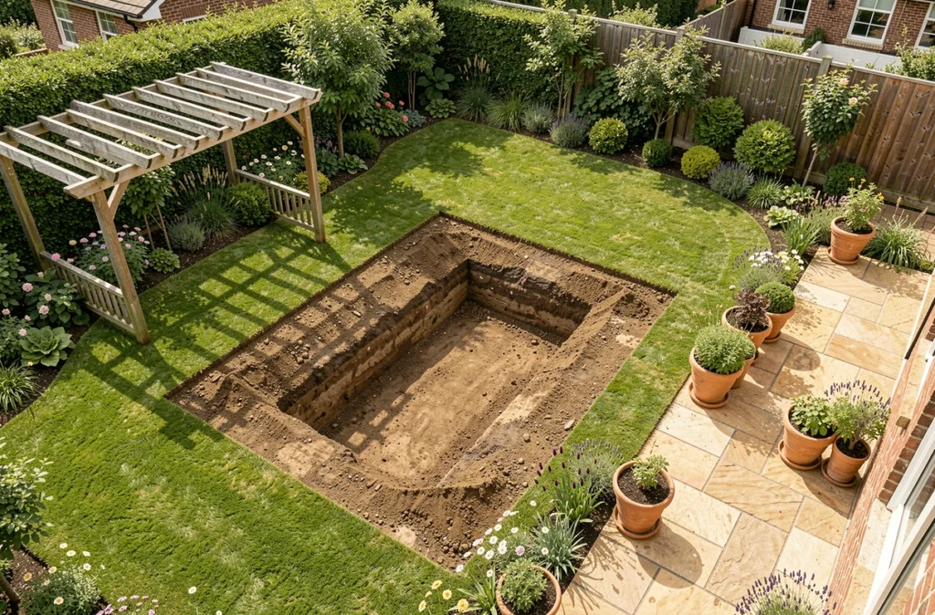 Vue aérienne d'un jardin avec fosse de piscine creusée à l'emplacement choisi parmi les aménagements existants