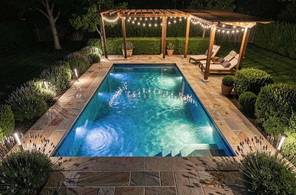 Vue aérienne d'une piscine rectangulaire éclairée la nuit avec spots LED et guirlandes lumineuses
