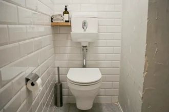 WC avec lave-main intégré dans une petite salle de bain parisienne avec carrelage blanc et robinetterie chromée