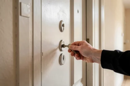 Main tenant une clé devant la serrure d'une porte d'appartement fermée