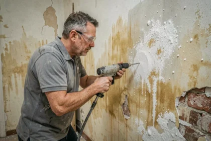 Technicien effectuant un traitement anti-humidité par injection dans un mur intérieur présentant des taches d'humidité et des remontées capillaires